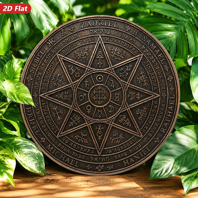 CIFBUY 2D Flat Round Metal Plaque Wall Art Sacred Seven Pointed Star Hebrew Calligraphy Waterproof Durable Home Decor for Living