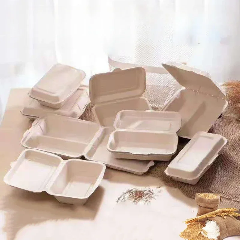 Disposable Pulp Lunch Box Thickened and Environmentally Friendly Rice Takeaway Packaging Rectangular Connected Fast Food Boxs