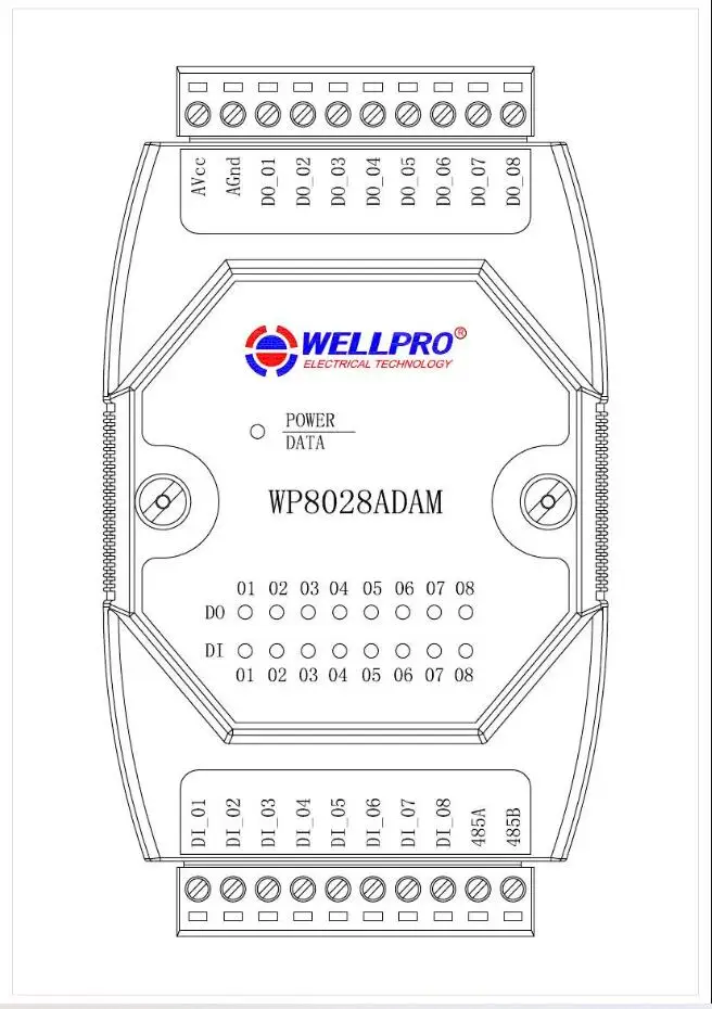 Módulo de entrada y salida Digital 8DI 8DO optoacoplador aislado/RS485 MODBUS RTU comunicaciones Wellpro WP8028ADAM