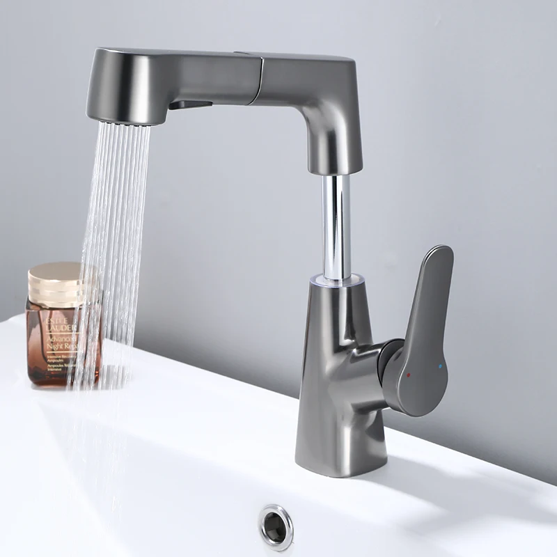 

Bathroom Faucet Copper Water Tap Modern Pull Out SPrayer Basin Faucets Mixers Hot Cold Brushed Gray Faucet Torneiras Do Banheiro