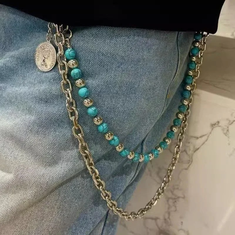 Metal Punk Rock Layered Beads Chain Keychains For Men Waist eans Hip-hop Pants Belt Chains Jewelry Accessories