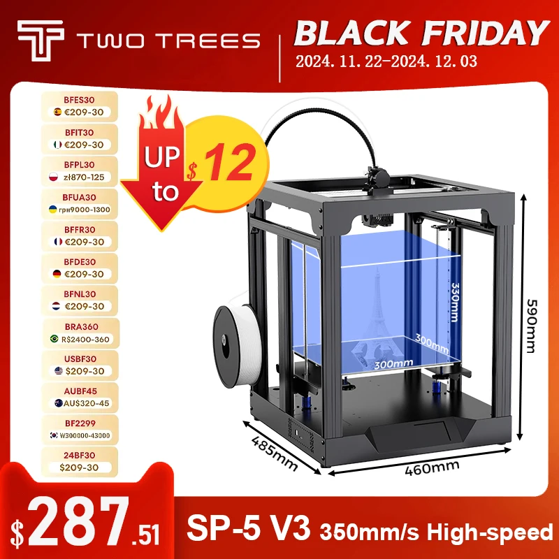 Twotrees SP-5 V3 3D Printer 350mm/s High Speed Printer Flow Hotend Printing Speed 350MM /S Dual-gear Direct Drive Extruder Print