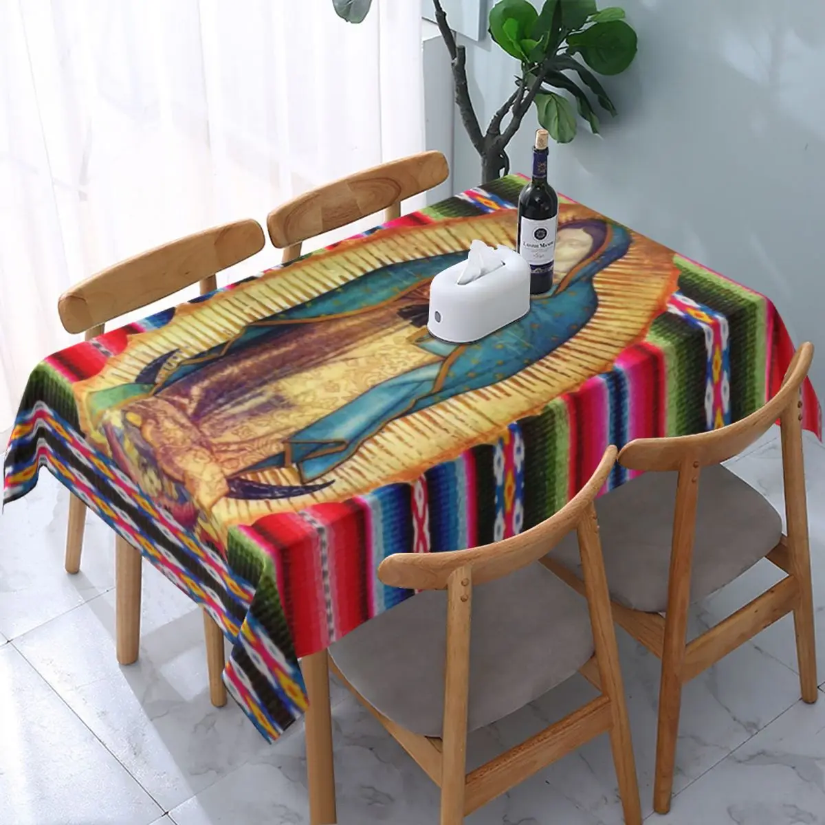 

Rectangular Fitted Our Lady Of Guadalupe Virgen Maria Zarape Table Cloth Waterproof Tablecloth Table Cover Backed with Edge