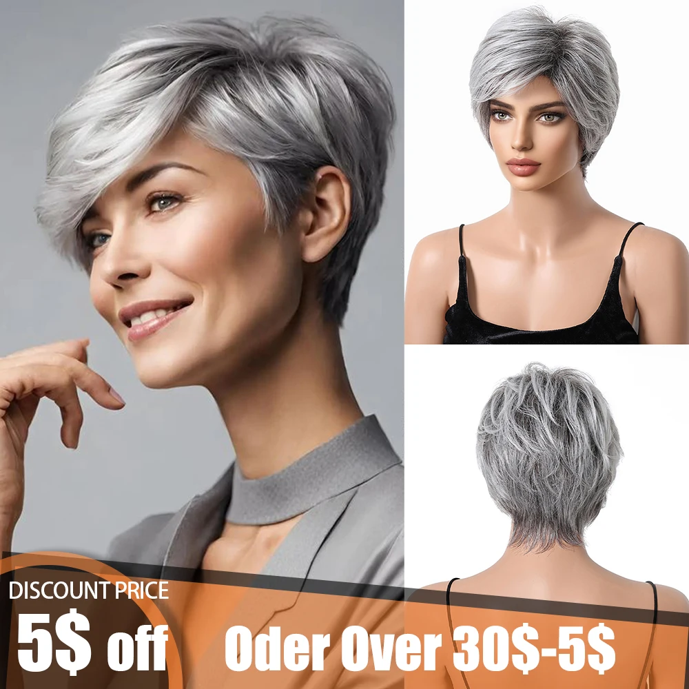 Parrucca per capelli in argento grigio a strati corti per le donne parrucche in misto Pixie Cut capelli umani parrucca sintetica mista soffice naturale ad alta temperatura