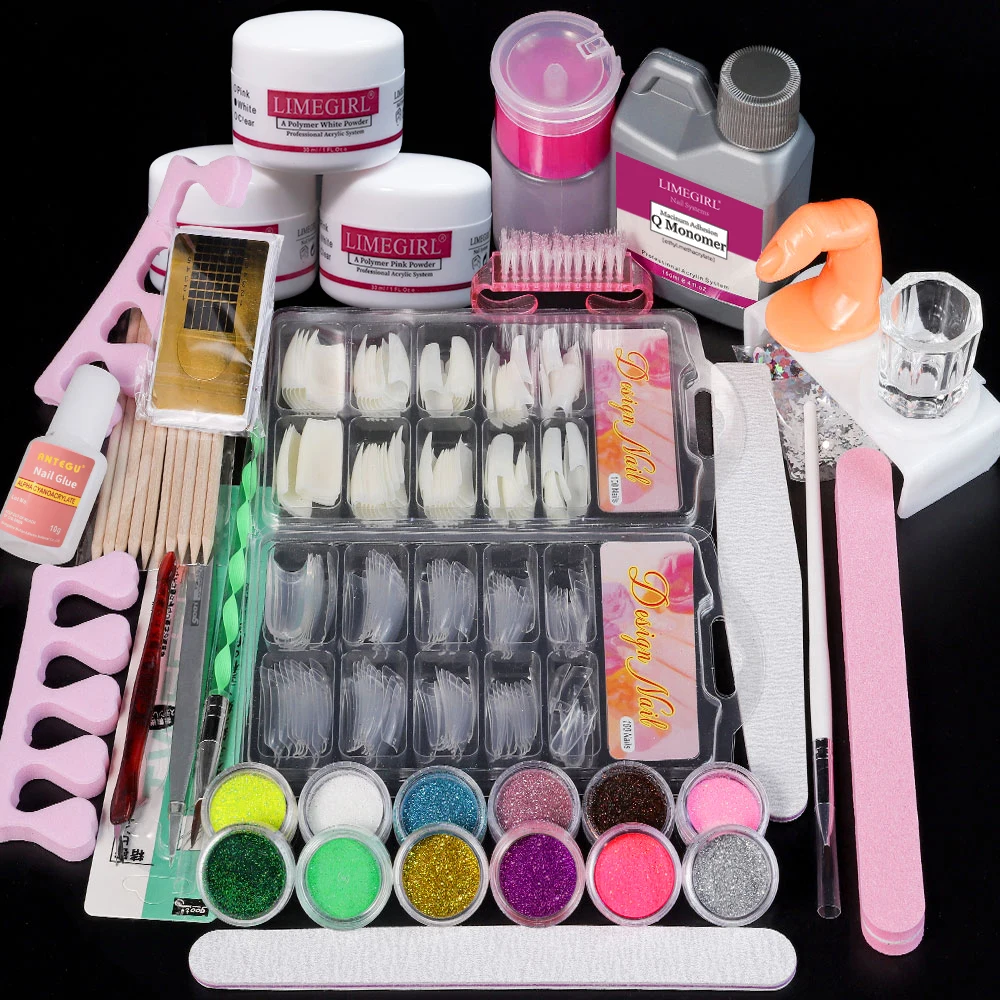 Kit de pó de manicure acrílico vem com pó de glitter e kit de manicure em gel de 15ml para extensão de unhas DIY conjunto completo de unhas inicial