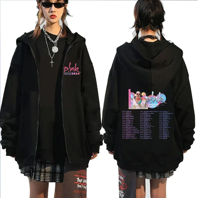 Singer P! Nk Pink Summer Carnival 2024 Festival World Tour Zip-up Hoodie Men Women Fashion Oversized Zipper Jacket Sweatshirt