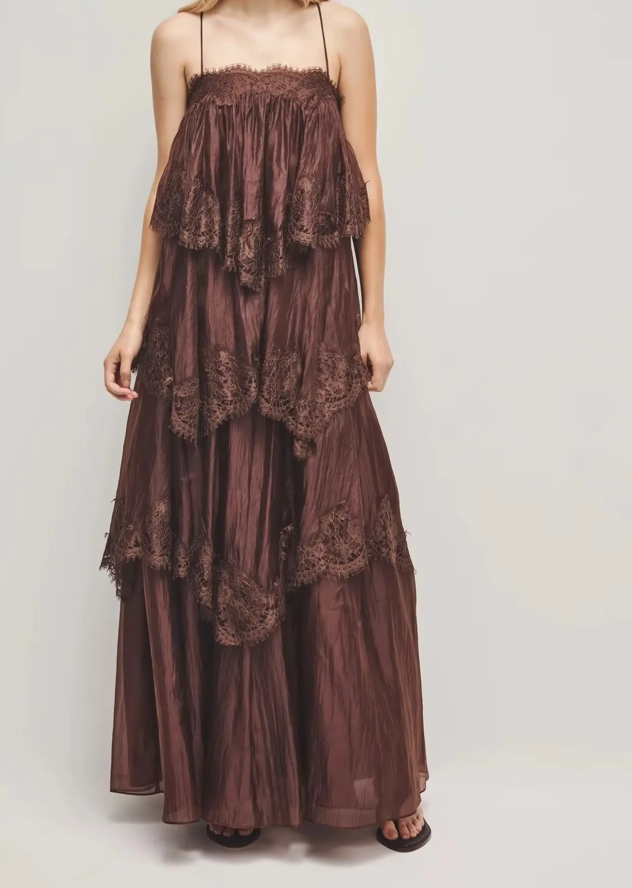 2026 Women Lace Layered Sling Robe Backless Square Collar Sleeveless High Waist Elegant Ladies Maxi Dress