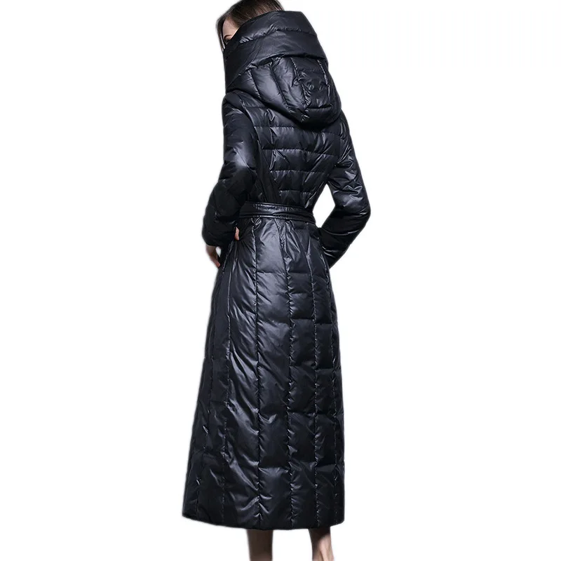 الفاخرة عالية الجودة أسفل سترة الإفراط في الركبة سترة منفوخة معطف شتاء دافئ المرأة الأبيض بطة أسفل معطف سليم مبطن حزام #5