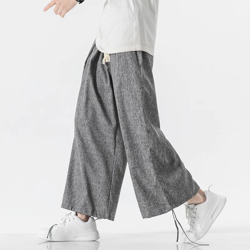 2022 Spring Summer Chinese Traditional Dress Plus Size Cotton Linen Wide Leg Pants Ethnic Thin Cropped Pants Men Clothing