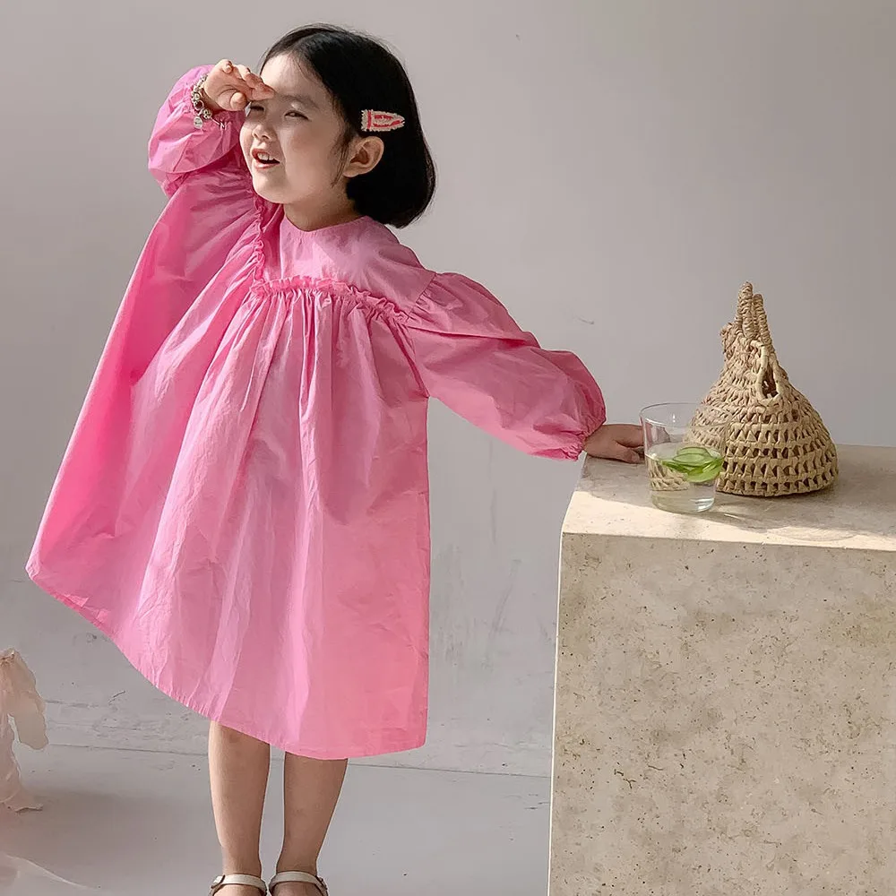 Girls Casual Dresses Spring Korean Girls Pink Dress New Long Sleeved Baby Princess Childrens Clothing 2024 Pleated