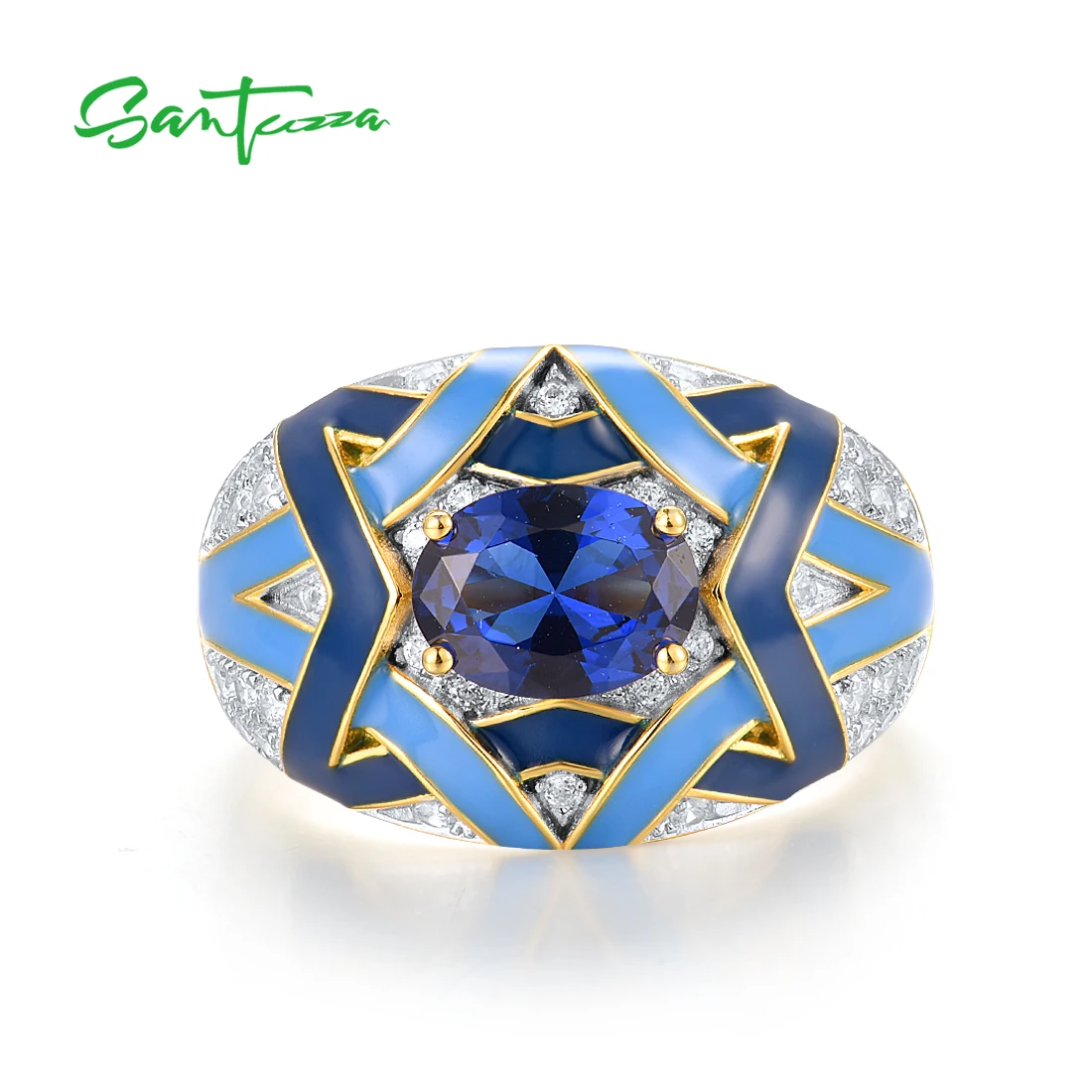 SANTUZZA Pure 925 Sterling Silver Rings For Women Sparkling Blue Spinel Grand Enamel Unique Party Wedding Gifts Fine Jewelry