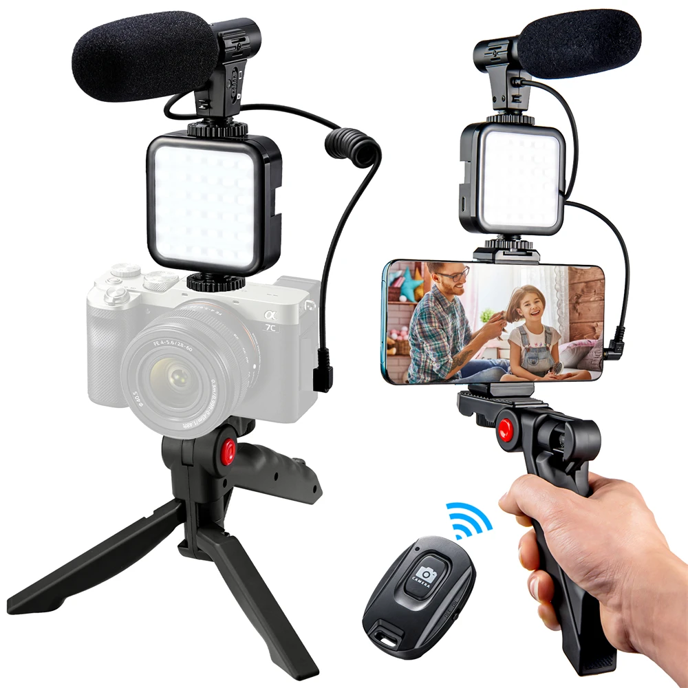 Vlogging Kit for Iphone Android Video Vlog Kits w Phone Tripod Phone Holder Led Light and Shotgun Microphone for Phone Camera