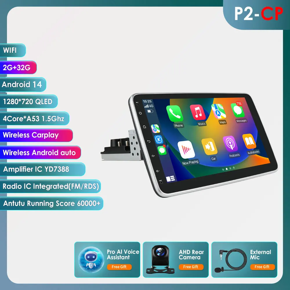 Octa Core 1 Din Universele Radio Draadloze Carplay Auto Multimedia Speler Autoradio Verwijderbaar 360 °   Draaibaar scherm Stereo DAB OBD