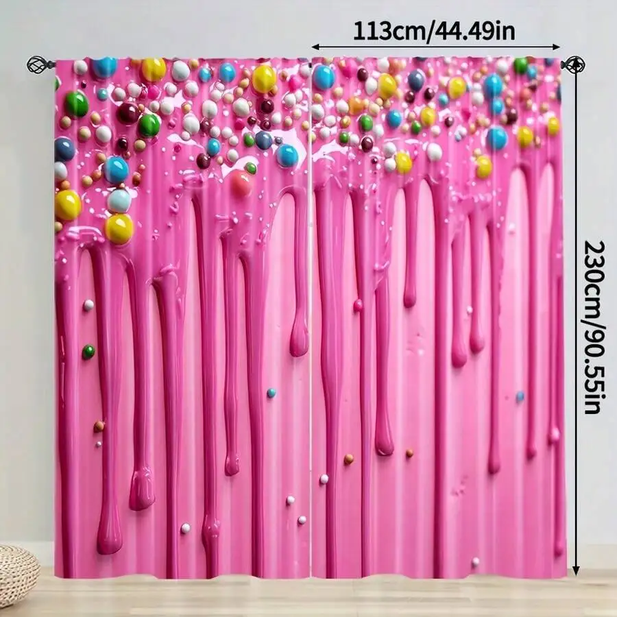 Vibrant Pink Candy Drip Print Curtains Polyester Rod Pocket For Living Room Bedroom Decor