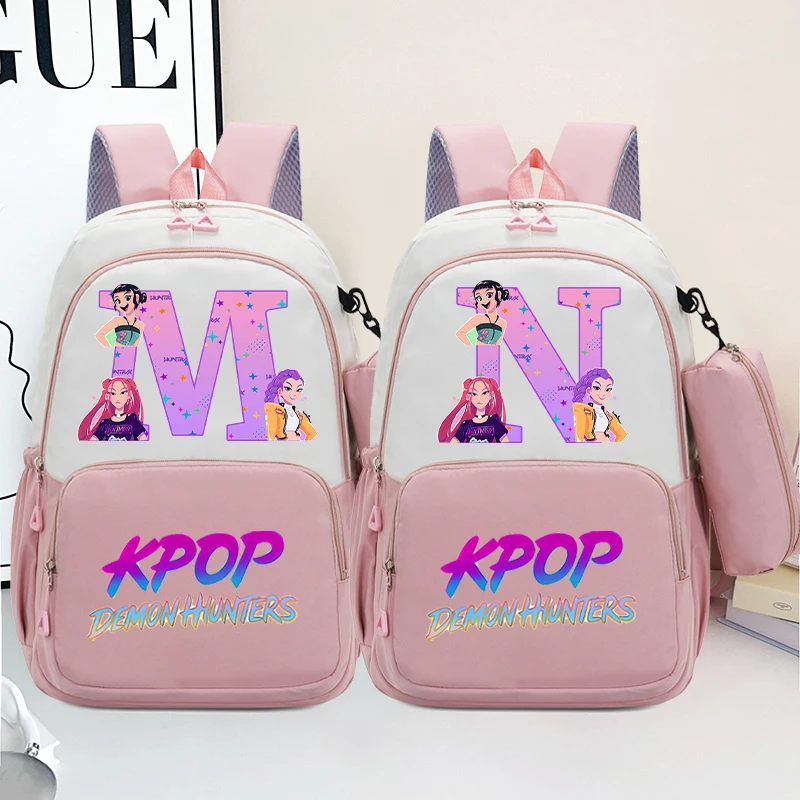 

K-pop Demon Hunters Large Capacity Backpack with Pencil Case Anime Letter Printed Schoolbag Students Book Stationery Storage Bag