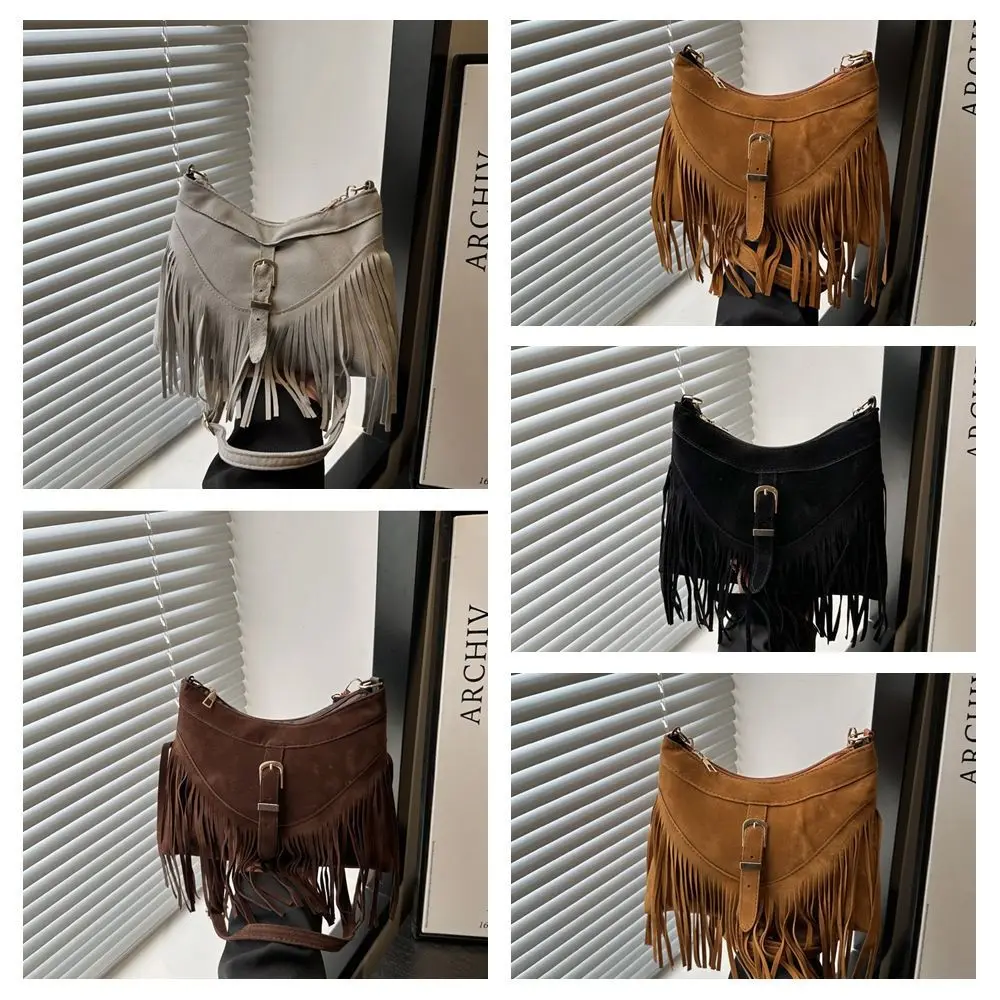Fashion Korean Style Tassel Shoulder Bag Solid Color PU Leather Suede Handbag Bohemian Style Zipper Underarm Packs Women image 6