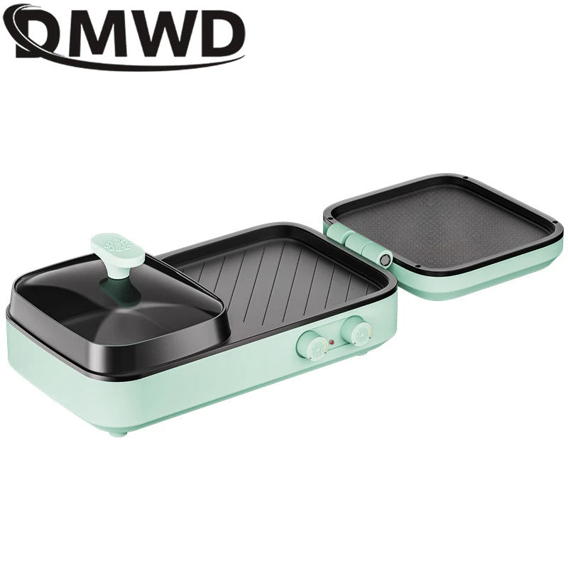 DMWD Multifunctional Electric Hotpot 2 in1 Barbecue Machine Grill Shabu Frying Pan Electric Baking Tray Non-Stick BBQ Grill