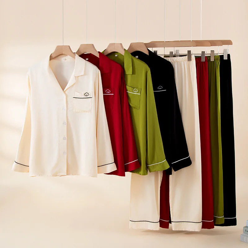Spring Female 2PCS Pajamas Set Loungewear Solid Color Long Sleeve Shirt Trouser Pijamas Suit Loose Homewear Sleepwear