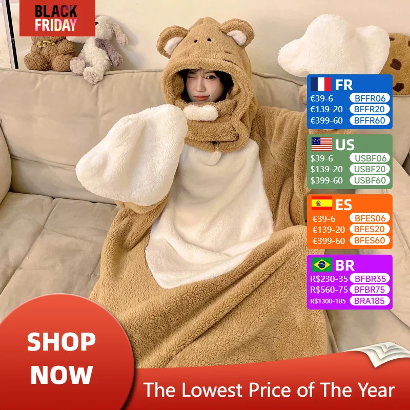 Cartoon Hamster Women Sleepwear Robes Coral Velvet Men Nightgown Night-robe  Korean Pajamas Hooded Loose Plush Girlfriend Gift