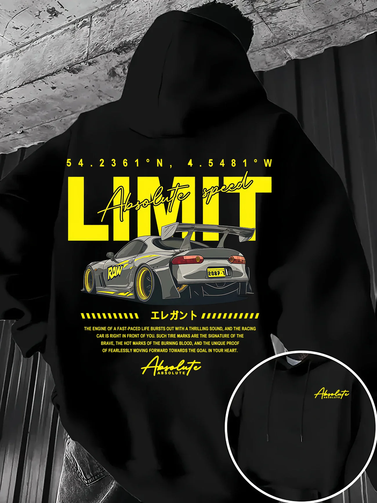 Locker sitzende Herren-Hoodies mit JDM-Rennwagen-Text und Koordinaten-Print – Herbst/Winter Minimalistische Streetwear Kapuzenoberteile – Detail 2