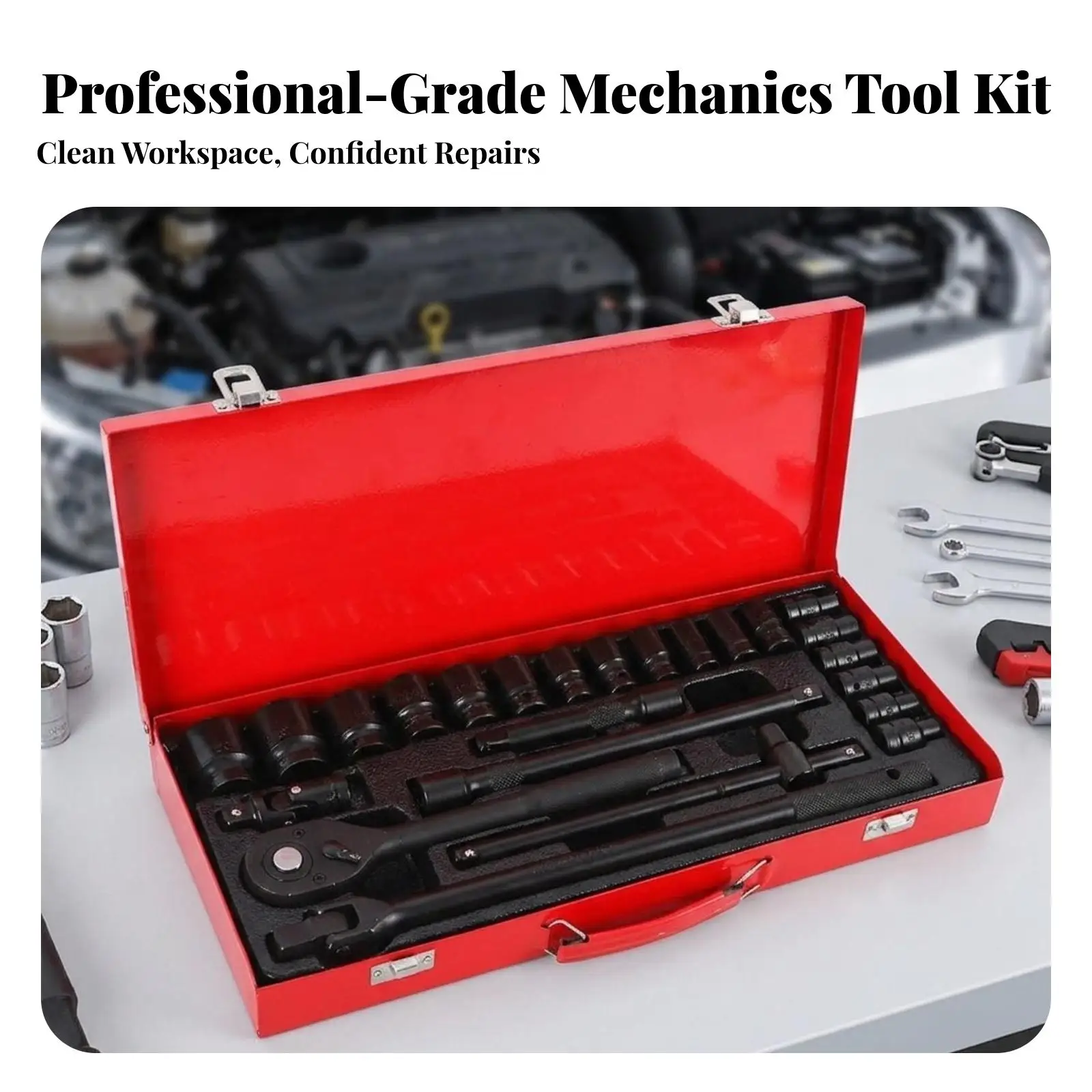 Automotive Socket Wrench Set with Extension Rods and Sliding Bar for Car Repair Tools Kit in Organized Metal Storage Case