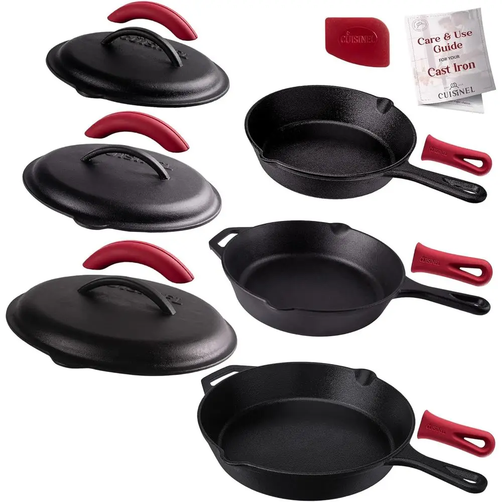 

Triple-Size Pre-Seasoned Cast Iron Skillet Set with Lids, Silicone Handles, and Lid Holders, Ideal for Indoor and Outdoor Cookin