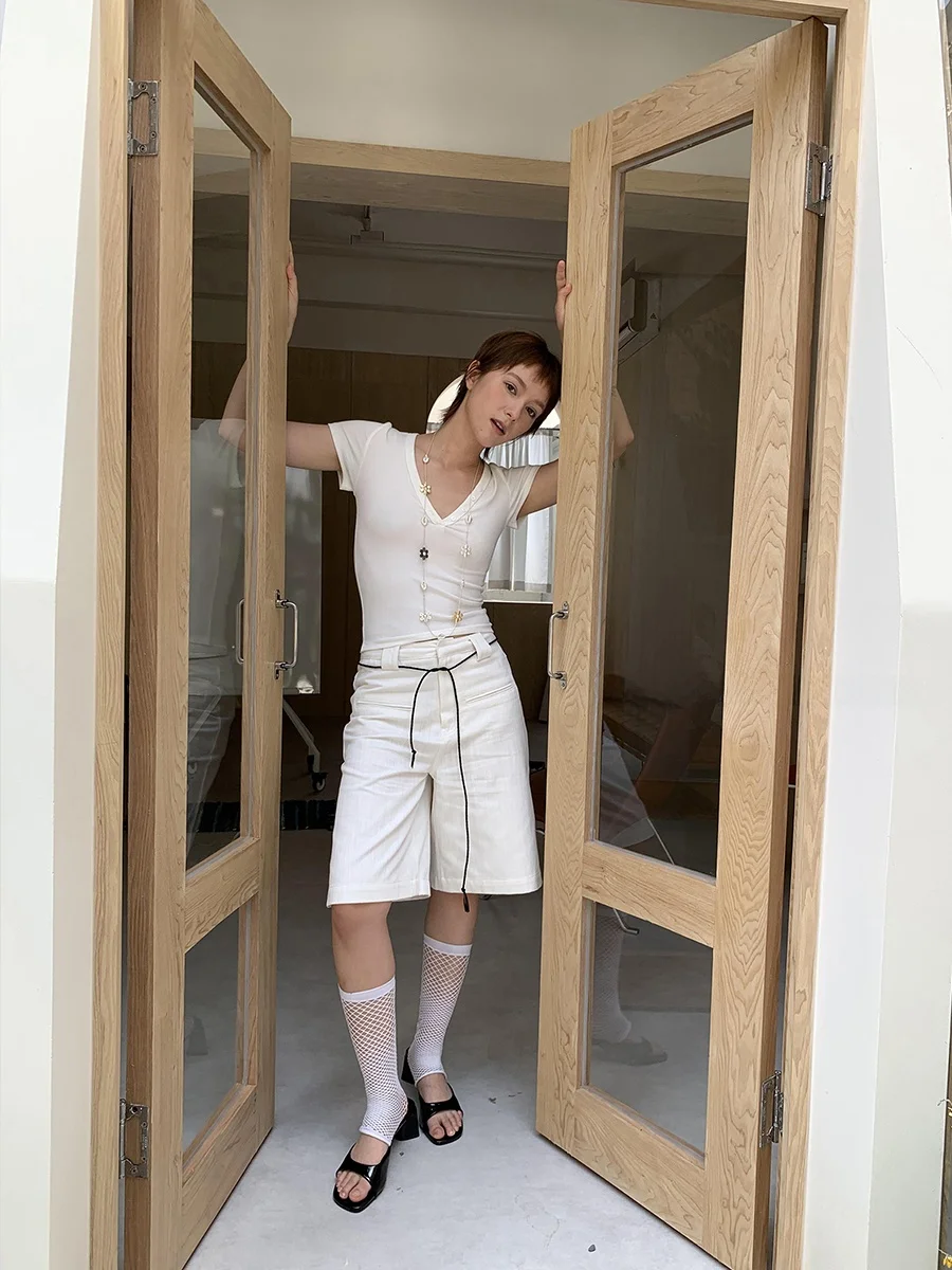 

DKZ Women's Textured White Denim Jeans Straight Leg Five-Quarter Length Summer New Sle Pure Color Stand Fit Casual Trousers