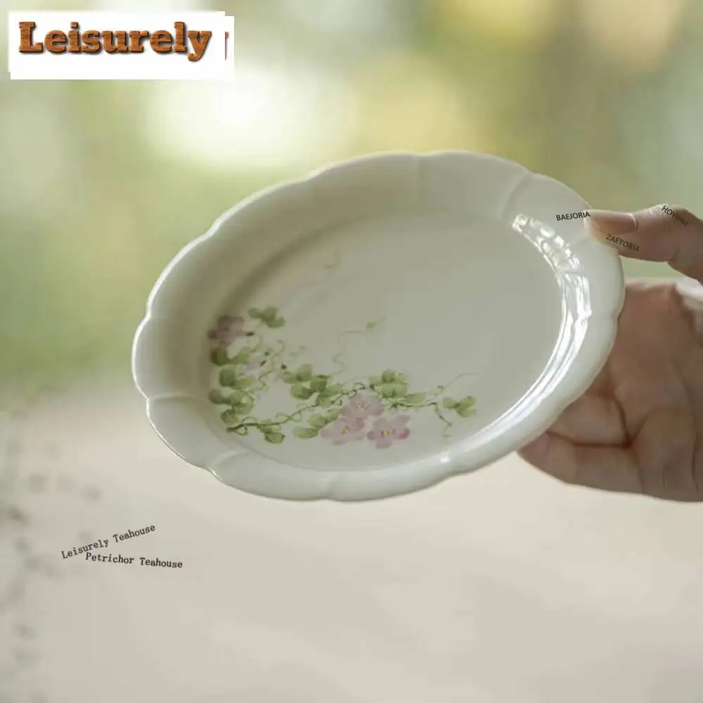 Little Green Flower Mouth Fruit Plate Hand-painted Morning Glory Pot Bearing Holder Creative Dry Brew Table Tea Tray Tea Set