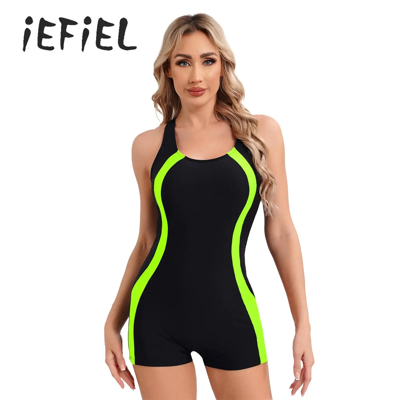 

Women Sleeveless One-piece Athletic Swimsuit Boyleg Racerback Bodysuit Swimwear Beach Sport Padded Bathing Suit Surf Wear