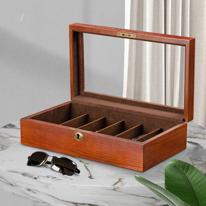 Sunglass Organizer 6 Slots Glasses Case Lockable Sunglass Holder with Clear Glass Lid Multiple Glasses Storage Organizer for Men