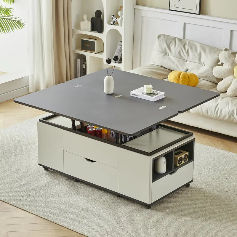 Cream Wind Full Storage Model with Stool Lift Coffee Table Dining Table Dual-use Integration, Excluding Chairs