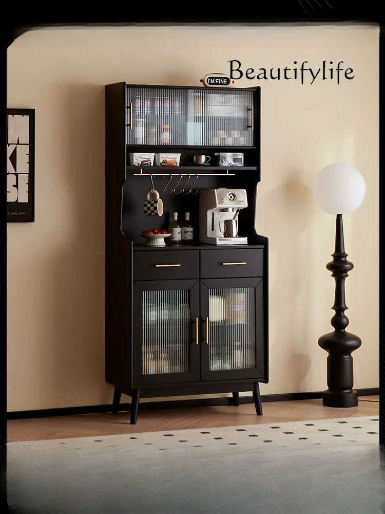 X Solid Wood Living Room Sideboard Cabinet Multi-Functional Kitchen Integrated High Household Narrow Cabinet Black