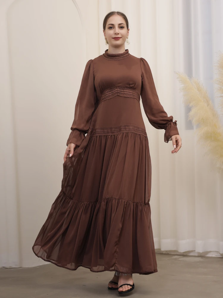 Vestido longo de chiffon muçulmano para mulheres, Abaya, Dubai, Renda, Plissado, Luxo, Kaftan, Elegante, Africano, Roupas islâmicas, Festa