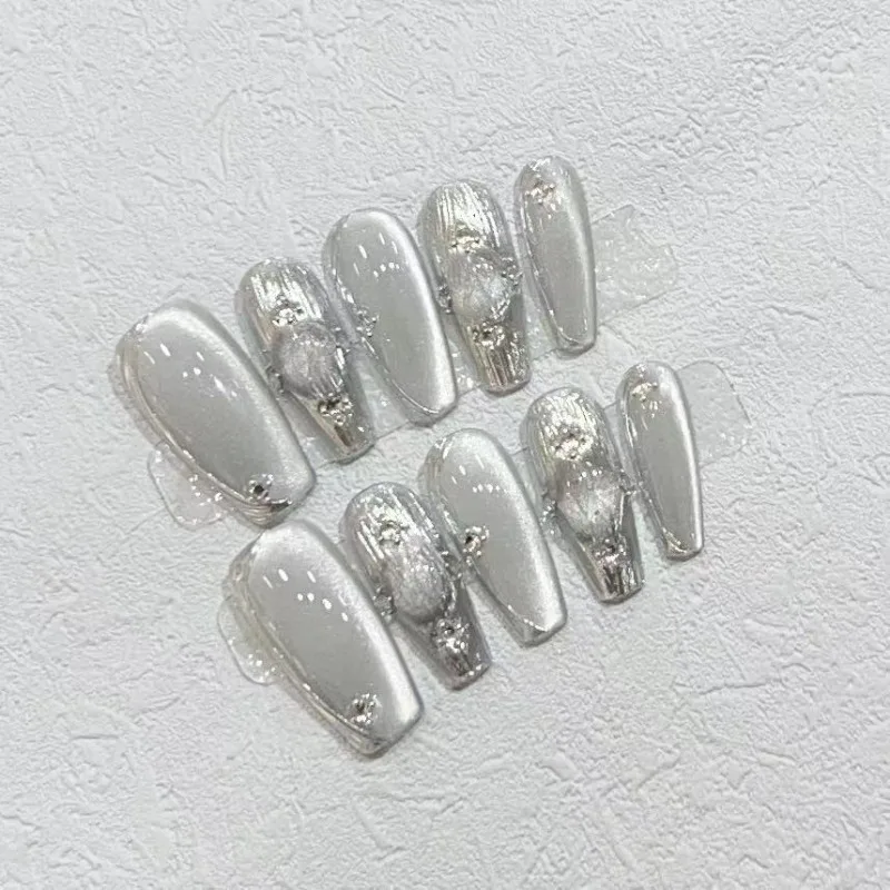 False Nails Fake Nails Full Cover Press on Nails Diy Pure Handmade Removable Reusable Diamond Silver Cat Eye Glass Beads