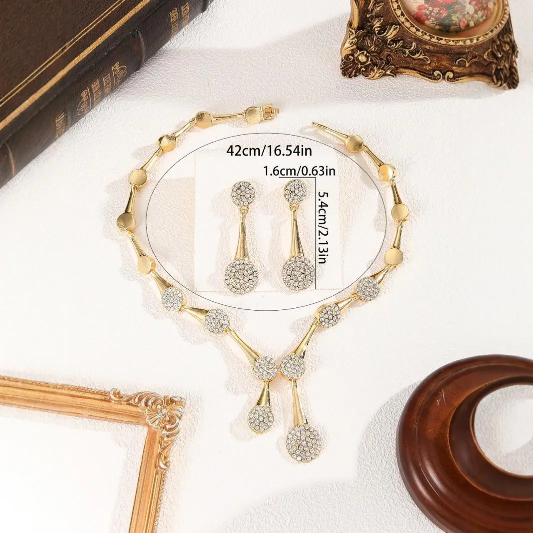 3pcs Elegant Vintage Jewelry Set for Double Round Droplet Shape Necklace Shiny Crystal Choker Bridal Wedding Earrings Party
