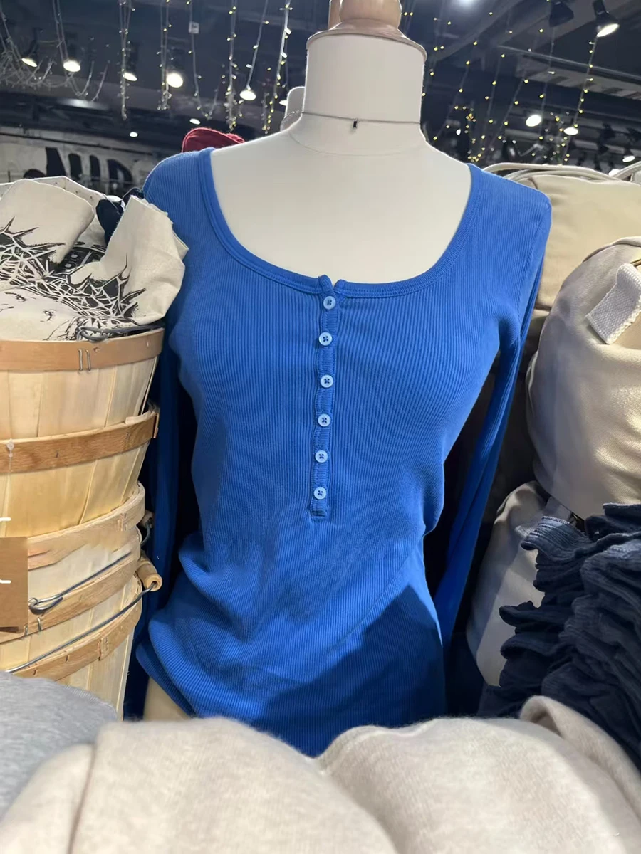 

Six Buttons Blue Ribbed Basic T-shirts Women Autumn O-neck Cotton Long Sleeve Tee Tops Preppy Style Solid Simple T Shirt Y2k New