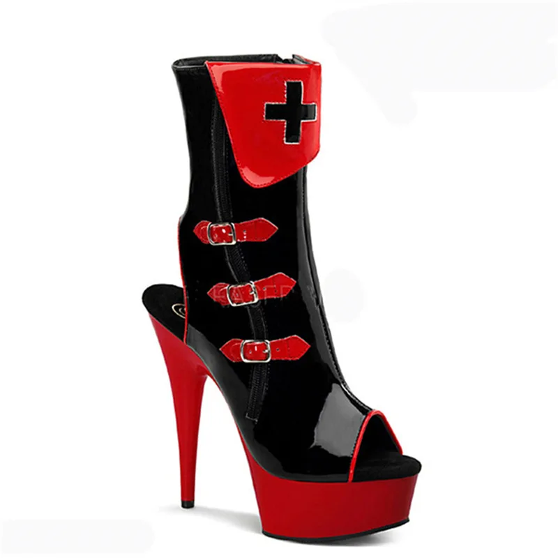 

Queen Peep Toe Stripper Heels Cross Dressing 15cm Gothic Shoes Thin Heels Nightclub Ankle Boots Exotic Dancer Strip Pole Dance