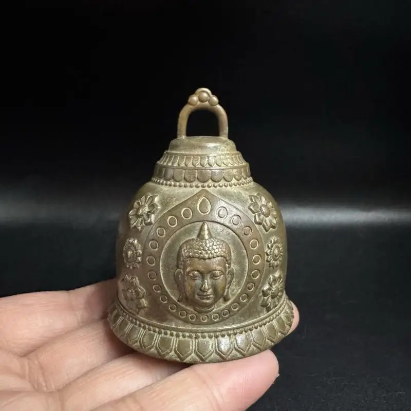 Tibetan-Nepalese Style Brass Decorative Bell Embossed Buddha Head Floral Pattern Metal Hanging Altar Display Hand-crafted Craft