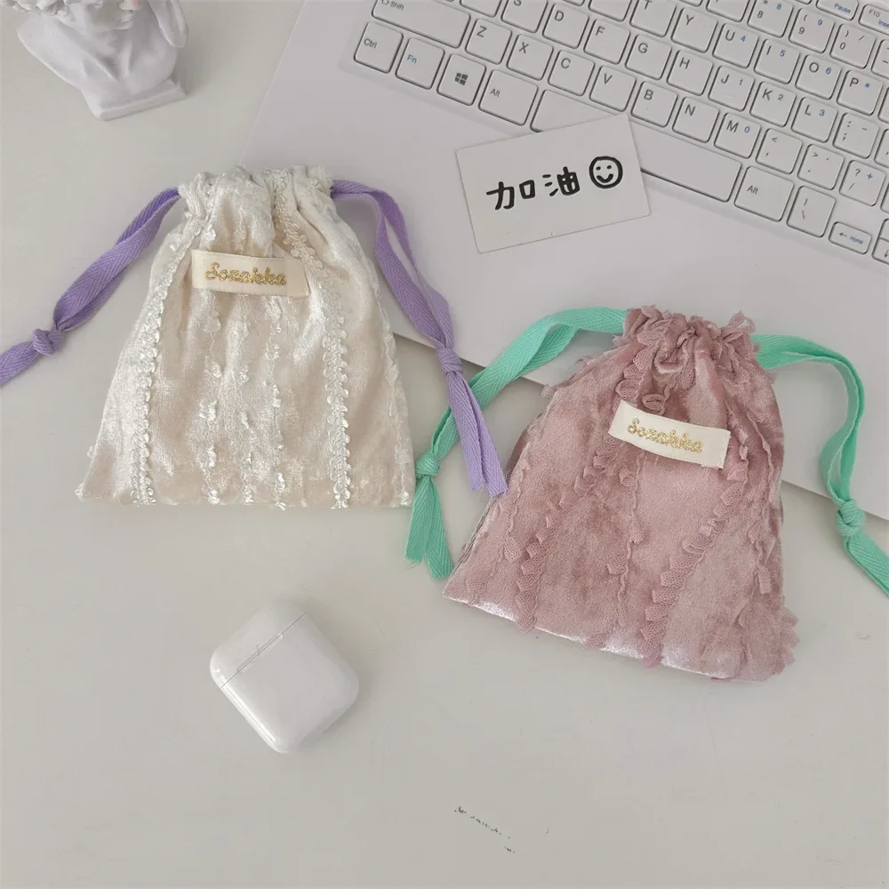 Sozakka Cute Lace Drawstring Pouch Women's Cosmetics Earphones Key Sundries Organizer Fashion Clutch Bag Coin Purse Cloth Bag