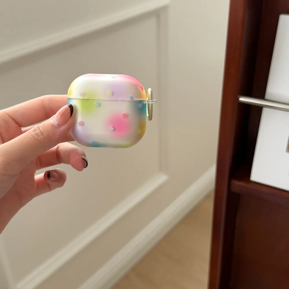 Ins Matte Star Colorful Block Halation Earphone Case for AirPods 5 Pro 2 3 4 ANC Funda Soft Protective Cover Cases with Hook