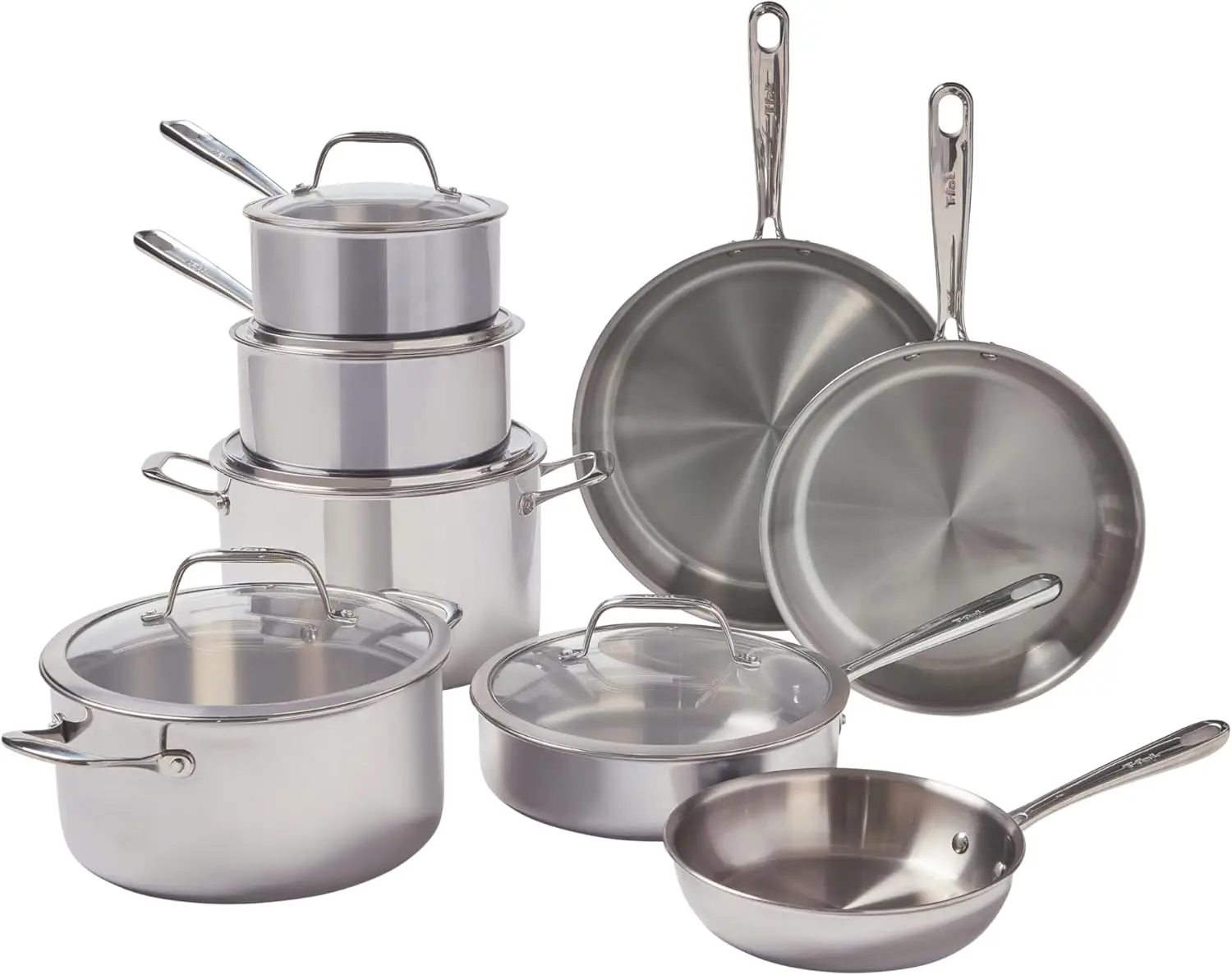 T-Fal Pro Tri-Ply Stainless Steel Cookware Set 13 Piece, Induction Compatible Oven Safe 500F, Lids 350F, Fast & Even Heat,