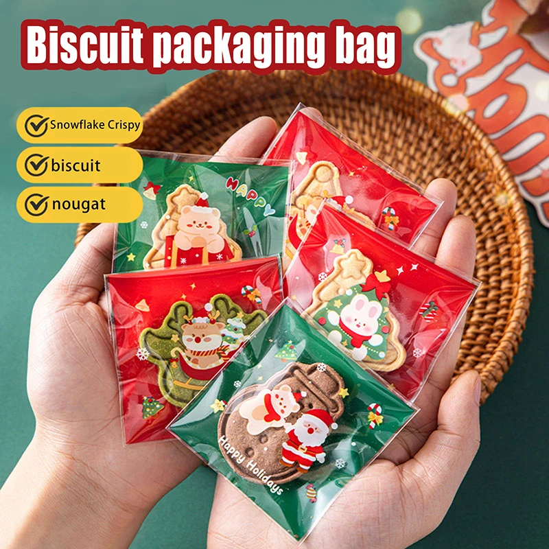 100Pcs 2025 Christmas Gift Bags Plastic Self-adhesive Candy Biscuits Snack Packaging Bags Xmas Party Favors Decorations