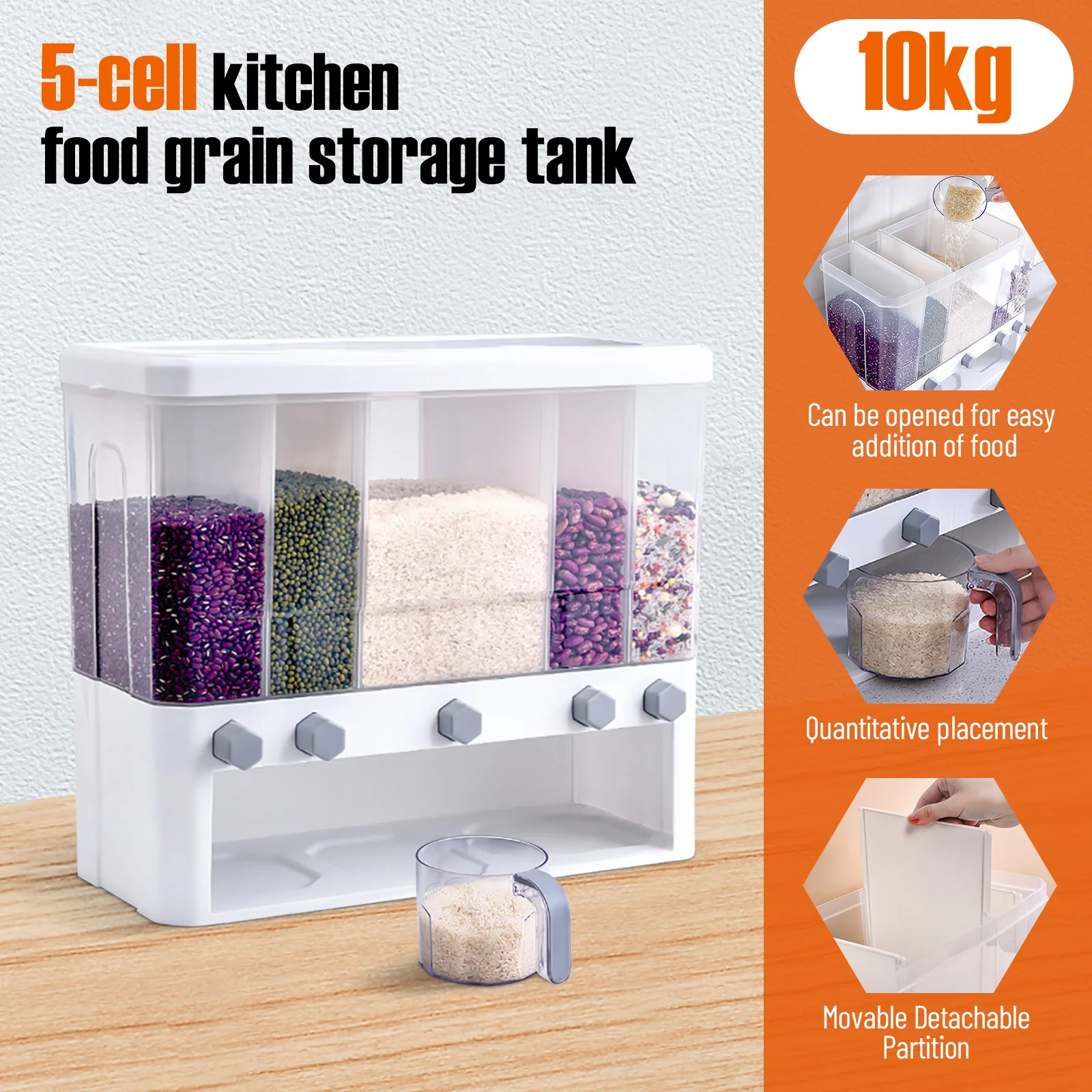 Grain Barrel Contains 5 Compartments with a Measuring Cup,Grain Containers,Food-grade PP Bucket