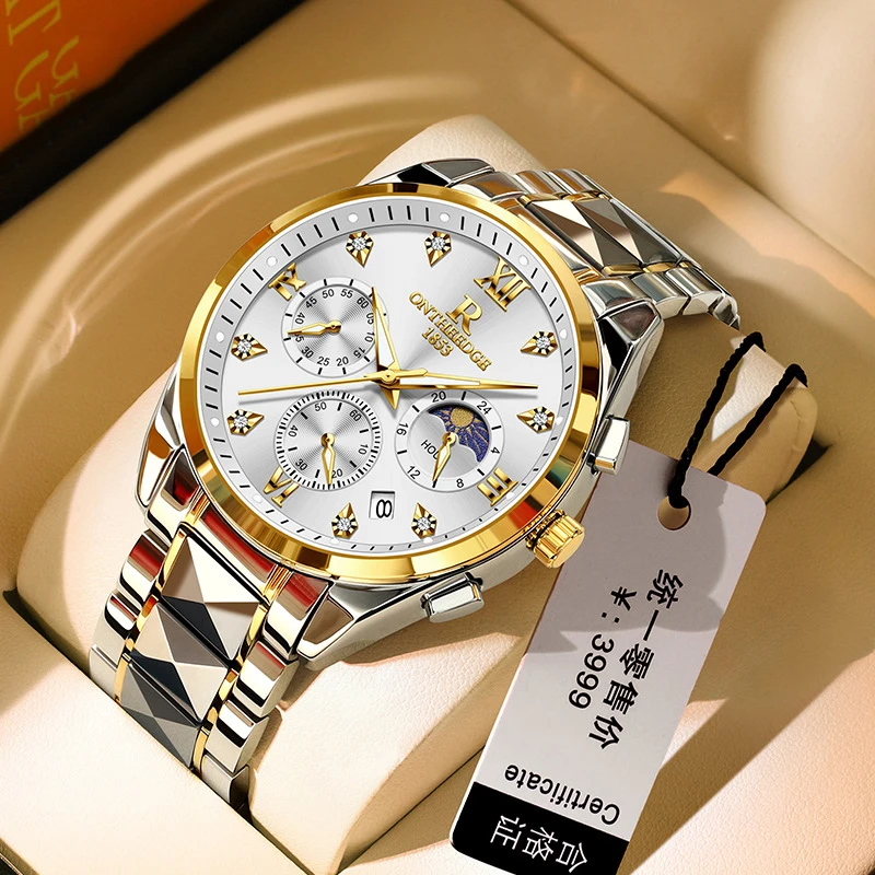 

Fashion Moon Phase Quartz Watch Men Stainless Steel Sport Waterproof Luminous 24 Hours Chronograph Wristwatches Men Reloj Hombre