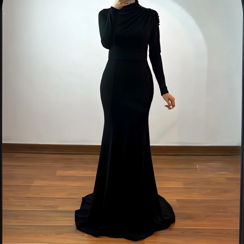 

Formal and Classic Solid Black Color Jersey Sequined Evening Dresses Sweep Train High Collar Pleat Long Sleeves Zipper Back Gown