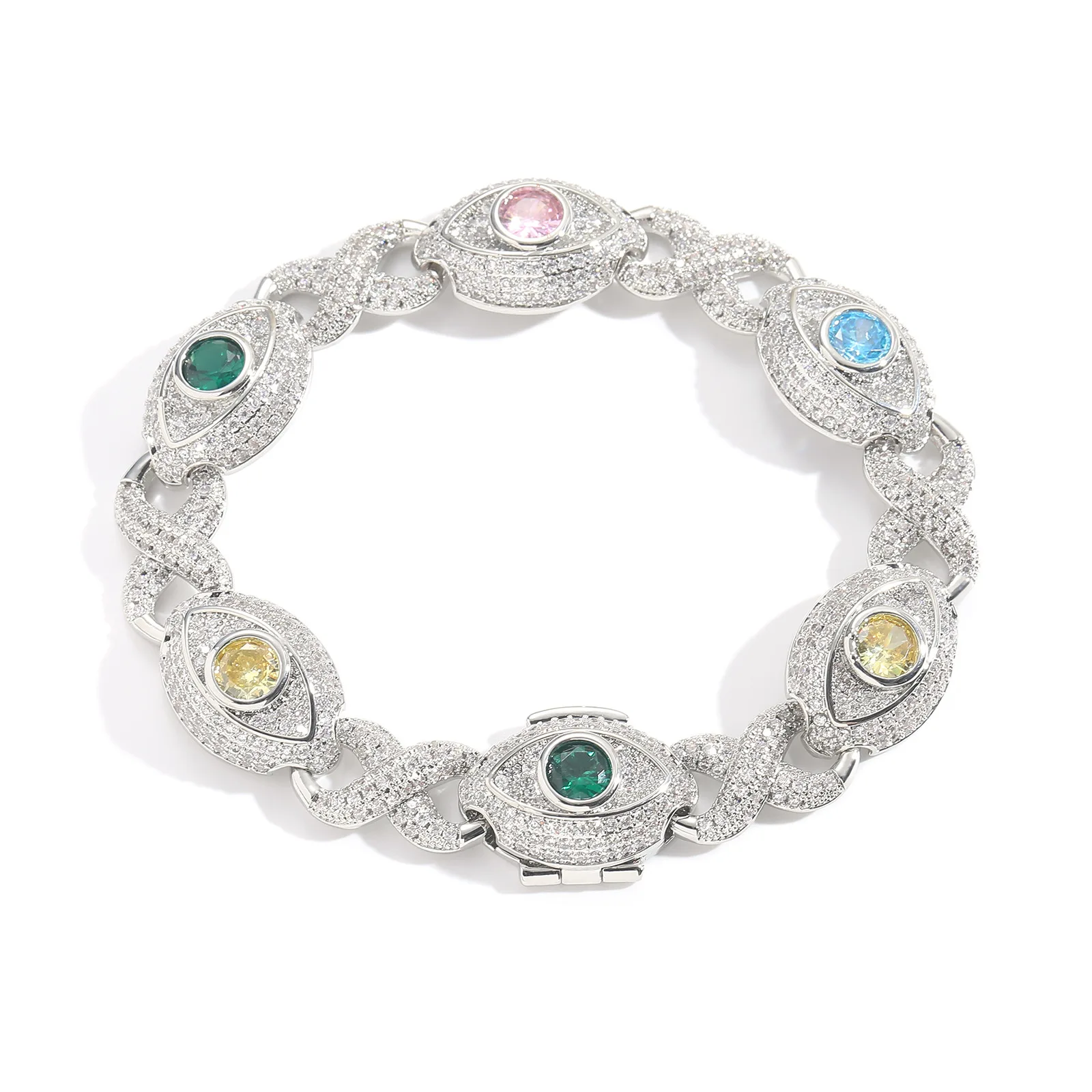 

Iced Micro Paved Cubic Zirconia Bracelet Big Eyes Infinity Link Chain with Gold Plating Hip Hop Style Jewelry for Men Women