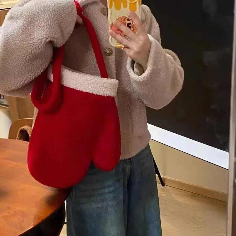 

2024 Christmas Plush Glove Bag Red Atmosphere Large Capacity Niche Retro Versatile Funny Diagonal Open Pocket Cross Bag