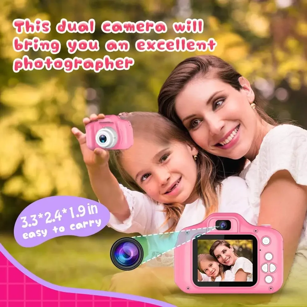 Upgrade Kids Selfie Camera, Christmas Birthday Gifts, HD Digital Video Cameras for Toddler, Portable Toy for Girl Card-Pink