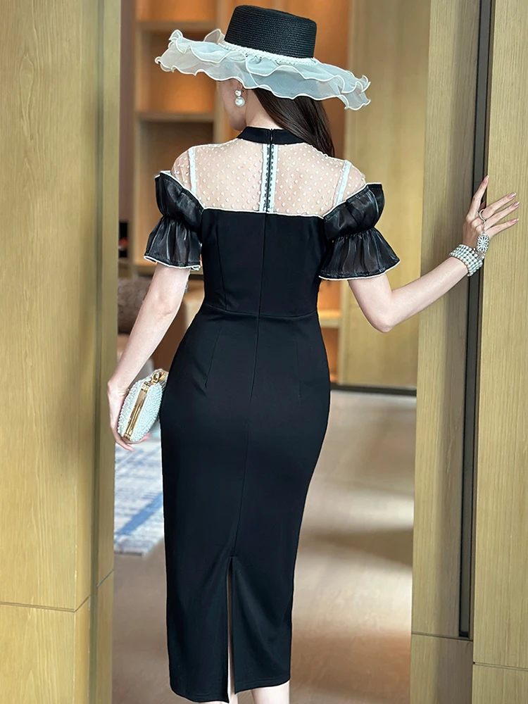 Women's Exquisite Sweet White Dresses Female Chic White Sheer Mesh Splice Black Vintage Midi Robe Evening Party Vestidos Mujer