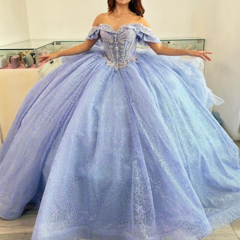 

Синие блестящие платья Quinceanera с открытыми плечами и блестками, аппликация, кружево, бисер, кристалл, тюль, вечерние, день рождения, сладкое платье 16, Vestidos